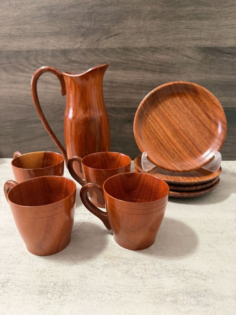 Handmade Jujube Lacquered Wood Pitcher Handled Cups Plates Service for Four